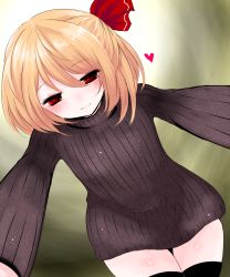 Rule 34 | 1girl, black thighhighs, blonde hair, bottomless, eyes visible through hair, female focus, from below, hair ribbon, han (jackpot), heart, highres, leaning forward, looking at viewer, naked sweater, no pants, pov, red eyes, ribbed sweater, ribbon, rumia, short hair, smile, solo, sweater, thighhighs, touhou, zettai ryouiki