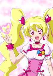 Rule 34 | 00s, 1girl, \m/, blonde hair, cellphone, choker, cure peach, dress, earrings, fresh precure!, hair ornament, heart, jewelry, long hair, looking at viewer, magical girl, marimon m, momozono love, open mouth, phone, pink dress, pink eyes, precure, ribbon, smile, solo, standing, twintails, wrist cuffs