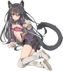 Rule 34 | 10s, 1girl, :o, animal ears, ass, belt bra, bike shorts, bike shorts under skirt, black hair, blush, boots, breasts, cat ears, cat tail, collar, cuffs, flat chest, full body, green eyes, hair between eyes, highres, isekai maou to shoukan shoujo no dorei majutsu, knee boots, long hair, long sleeves, looking at viewer, parted lips, rem galleu, simple background, small breasts, tail, transparent background, tsurusaki takahiro, white background