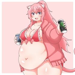 Rule 34 | 1girl, :3, animal ears, big belly, breasts, cat ears, character request, cleavage, fat, highres, ichigoneko, large breasts, long hair, looking at viewer, messy hair, monster energy, navel, obese, pink hair, ponytail, purple eyes, smile, solo, standing, swimsuit, tail