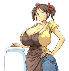 Rule 34 | 1girl, animal ears, apron, breasts, brown hair, cleavage, covered erect nipples, cow girl, curvy, denim, female focus, hand on own hip, hataraki ari, horns, huge breasts, jeans, original, pants, shirt, short hair, short twintails, simple background, solo, standing, sukimi, twintails, white background, yellow eyes