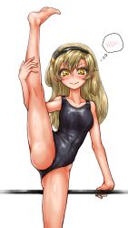 Rule 34 | 1girl, absurdres, ass, aygoftenover, bare arms, bare shoulders, barefoot, black hairband, black one-piece swimsuit, blonde hair, blush, breasts, cameltoe, collarbone, flexible, hairband, highres, koishikawa iko, large breasts, leg up, long hair, one-piece swimsuit, orange eyes, shiny skin, shy (series), smile, split, standing, standing on one leg, standing split, sweat, swimsuit, thought bubble