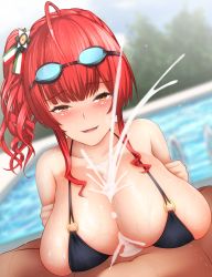 Rule 34 | 1boy, 1girl, ahoge, azur lane, bikini, black bikini, blush, breasts, brown eyes, cleavage, collarbone, commentary request, cum, cum on body, cum on breasts, cum on upper body, day, ejaculation, ejaculation between breasts, goggles, goggles on head, highres, huge breasts, long hair, looking at viewer, o-ring, o-ring bikini, open mouth, outdoors, paizuri, paizuri under clothes, red hair, revision, side ponytail, silver bullet (ecc12 8), smile, solo focus, swimsuit, wet, zara (azur lane), zara (poolside coincidence) (azur lane)
