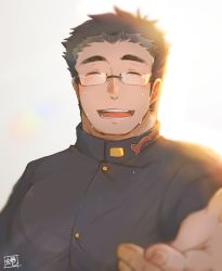 Rule 34 | 1boy, :d, bara, beckoning, blurry, blurry foreground, blush, brown hair, crying, gakuran, glasses, highres, large pectorals, male focus, muscular, muscular male, nina27 sg, open mouth, pectorals, rimless eyewear, school uniform, motoori shiro, short hair, sideburns, smile, solo, tears, thick eyebrows, tokyo houkago summoners, upper body