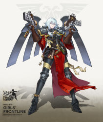 Rule 34 | 1girl, absurdres, adepta sororitas, armor, blue eyes, blue hair, bolter, book, commentary request, dual wielding, explosive, finger on trigger, fleur-de-lis, full body, girls&#039; frontline, greaves, grenade, gun, highres, holding, light blue hair, looking at viewer, moonface, parted lips, pauldrons, power armor, purity seal, scar, shoulder armor, skull, solo, warhammer 40k, weapon