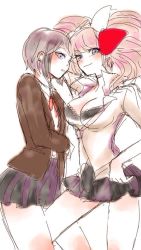 Rule 34 | 2girls, arm under breasts, black bra, black hair, black skirt, blonde hair, blue eyes, blush, bow, bowtie, bra, breasts, cleavage, collared shirt, danganronpa: trigger happy havoc, danganronpa (series), ears, enoshima junko, female focus, freckles, hand on own hip, ikusaba mukuro, incest, leg between thighs, looking at viewer, looking down, multicolored bow, multiple girls, neck ribbon, nose, pleated skirt, red bow, red ribbon, ribbon, shirt, siblings, simple background, sisters, skirt, smile, twincest, twins, underwear, white background, white bow, yuri