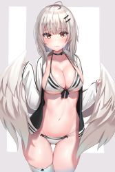 Rule 34 | 1girl, ahoge, angel, angel wings, bikini, breasts, choker, cleavage, closed mouth, collarbone, cowboy shot, feathered wings, front-tie bikini top, front-tie top, groin, hair ornament, hairclip, halterneck, highres, jacket, large breasts, long sleeves, looking at viewer, low wings, medium hair, navel, open clothes, open jacket, original, red eyes, reinama, silver hair, single thighhigh, skindentation, solo, standing, stomach, swimsuit, thigh gap, thighhighs, white bikini, white jacket, wings