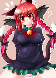 Rule 34 | 1girl, :3, ?, animal ears, bell, braid, breasts, cat ears, head tilt, jingle bell, kaenbyou rin, large breasts, leon no neko, looking at viewer, multiple tails, neck bell, nekomata, notice lines, outline, red eyes, red hair, simple background, solo, tail, touhou, twin braids, two tails, white outline