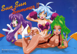 Rule 34 | 1990s (style), 3girls, ahoge, all fours, artist name, bikini, blue eyes, blue hair, breasts, cello (lamune), cleavage, drum (lamune), earrings, fangs, flipped hair, gloves, green eyes, green hair, green nails, high heels, high ponytail, highres, jewelry, kotobuki tsukasa, large breasts, light blue hair, lipstick, long hair, looking at viewer, lying, makeup, medium breasts, multiple girls, nail polish, navel, non-web source, official art, on side, one-piece swimsuit, open mouth, orange bikini, purple hair, red lips, red one-piece swimsuit, retro artstyle, scan, sidelocks, slingshot swimsuit, small breasts, swimsuit, trumpet (lamune), vs knight lamune &amp; 40 fire, w, wristband, yellow eyes