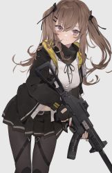 Rule 34 | 1girl, black gloves, black jacket, black pantyhose, black ribbon, black skirt, blush, breasts, brown eyes, brown hair, closed mouth, commentary, cowboy shot, english commentary, fingerless gloves, girls&#039; frontline, gloves, grey background, gun, hair between eyes, hair ornament, hair ribbon, hairclip, highres, holding, holding gun, holding weapon, hood, hooded jacket, jacket, knee pads, long hair, looking at viewer, machine gun, medium breasts, midriff peek, miniskirt, open clothes, open jacket, pantyhose, pleated skirt, ribbon, rippootai, scar, scar across eye, scar on face, shirt, simple background, skirt, smile, solo, strap, twintails, ump9 (girls&#039; frontline), weapon, white shirt