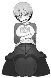 Rule 34 | 1girl, :d, arm under breasts, blush, bow, bow panties, breasts, clothes lift, clothes writing, commentary, cushion, fang, full body, greyscale, groin, head tilt, highres, jp06, large breasts, lifted by self, long sleeves, looking at viewer, monochrome, navel, no pants, open mouth, panties, panties under pantyhose, pantyhose, raglan sleeves, shirt, shirt lift, short hair, sitting, skin fang, smile, solo, sugoi dekai, sweatdrop, thighband pantyhose, underwear, uzaki-chan wa asobitai!, uzaki hana, wariza, zabuton