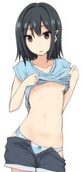 Rule 34 | 1girl, :o, blue panties, blue shirt, bow, bow panties, breasts, brown eyes, clothes lift, clothes pull, contrapposto, copyright request, cowboy shot, grey shorts, hair ornament, hairclip, hands up, highres, lifted by self, looking at viewer, nagami yuu, no bra, panties, parted lips, shirt, shirt lift, short sleeves, shorts, shorts pull, simple background, small breasts, solo, standing, underwear, white background