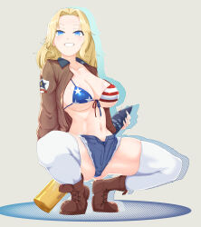 Rule 34 | 1girl, absurdres, american flag bikini, bikini, bikini top only, bikini under clothes, black footwear, black shirt, blonde hair, blue eyes, blue shorts, boots, breasts, brown jacket, commentary, cutoffs, denim, denim shorts, emblem, flag print, front-tie top, full body, girls und panzer, grey background, grin, hair intakes, half-closed eyes, highres, holding, jacket, kay (girls und panzer), large breasts, long hair, long sleeves, looking at viewer, military, military uniform, navel, nyang-kaz, open clothes, open fly, open jacket, saunders (emblem), saunders military uniform, shirt, shorts, silhouette, simple background, smile, solo, squatting, star (symbol), swimsuit, tank shell, thighhighs, uniform, white thighhighs