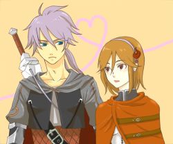 Rule 34 | 1boy, 1girl, armor, blue eyes, brown hair, cape, lieselotte, silver hair, sword, valkyrie profile: covenant of the plume, valkyrie profile (series), weapon, wylfred