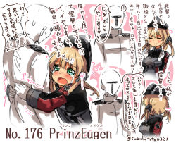 Rule 34 | 10s, 1boy, 1girl, ^ ^, admiral (kancolle), anchor hair ornament, blonde hair, blush, character name, closed eyes, closed mouth, comic, commentary request, cross, crying, crying with eyes open, closed eyes, faceless, faceless male, green eyes, hair ornament, hat, hetero, hug, iron cross, kantai collection, low twintails, military, peaked cap, prinz eugen (kancolle), speech bubble, streaming tears, suzuki toto, talking, tears, text focus, translated, turning head, twintails, twitter username