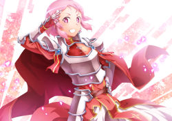 Rule 34 | 1girl, absurdres, adapted costume, armor, armored dress, breastplate, cape, dress, dutch angle, freckles, gauntlets, grin, hand on own hip, highres, lisbeth (sao), looking at viewer, oboro neko, pink hair, red cape, red dress, red eyes, salute, short hair, shoulder armor, smile, solo, sword art online