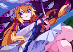 Rule 34 | 1girl, blonde hair, breasts, brodall pixel, commentary request, crossed legs, dress, gap (touhou), hat, highres, holding, holding umbrella, long hair, looking at viewer, mob cap, parted lips, pixel art, purple eyes, sitting, solo, tabard, touhou, umbrella, white dress, white hat, yakumo yukari