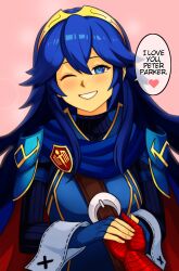 Rule 34 | 1boy, 1girl, absurdres, blue eyes, blue gloves, blue hair, disembodied limb, english text, fingerless gloves, fire emblem, gloves, grin, heart, highres, long sleeves, looking at viewer, lucina (fire emblem), marvel, nintendo, one eye closed, parted lips, smgold, smile, speech bubble, spider-man, spider-man (series), spoken heart, teeth