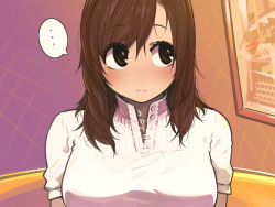 Rule 34 | ..., 10s, 1girl, blouse, blush, brown eyes, brown hair, buttons, embarrassed, indoors, kaqo, king game, long hair, looking away, looking to the side, original, painting (object), picture frame, shirt, short sleeves, solo, speech bubble, spoken ellipsis, swept bangs, unbuttoned, upper body, white shirt