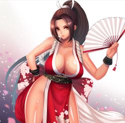 Rule 34 | 1girl, arms behind back, bare legs, breasts, brown eyes, brown hair, cherry blossoms, cleavage, collarbone, fatal fury, female focus, folding fan, hand fan, highres, holding, holding fan, kangaruu (momotk1109), large breasts, looking at viewer, ninja, pelvic curtain, petals, revealing clothes, sagging breasts, shiranui mai, solo, swept bangs, the king of fighters, thighs