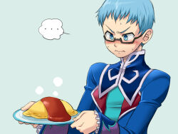 Rule 34 | ..., 1boy, blue hair, blush, food, frilled sleeves, frills, frown, glasses, hmisao, holding, holding food, holding plate, hubert ozwell, long hair, looking down, male focus, nose blush, notice, omelet, omurice, plate, short bangs, short hair, solo, spoken ellipsis, sweat, tales of (series), tales of graces, v-shaped eyebrows, very long hair