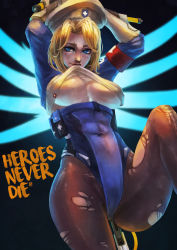 Rule 34 | 1girl, absurdres, beret, blonde hair, breasts, cleavage, clothes lift, combat medic ziegler, hat, highres, leotard, looking at viewer, mercy (overwatch), monori rogue, mouth hold, official alternate costume, overwatch, overwatch 1, pantyhose, shirt lift, solo, torn clothes, torn pantyhose, underboob