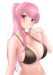 Rule 34 | 1girl, 9696k, :d, absurdres, bikini, black bikini, blush, breasts, cleavage, collarbone, highres, hololive, hololive english, large breasts, long hair, looking at viewer, mori calliope, navel, open mouth, pink eyes, pink hair, ponytail, shadow, sideboob, sidelocks, simple background, smile, solo, swimsuit, upper body, virtual youtuber, wavy hair, white background