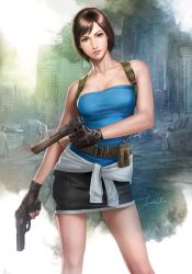 Rule 34 | 1girl, artist request, bare arms, bare legs, bare shoulders, black eyes, black gloves, black skirt, breasts, brown hair, capcom, collarbone, dual wielding, female focus, fingerless gloves, gloves, gun, holding, holding gun, holding weapon, jill valentine, large breasts, legs, lips, looking at viewer, neck, outdoors, pencil skirt, resident evil, resident evil 3: nemesis, short hair, skirt, smile, solo, standing, strapless, teeth, tube top, watch, weapon, wristwatch