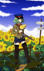 Rule 34 | 1girl, alternate costume, ascot, black thighhighs, blue skirt, blue sky, blurry, boots, cloud, commentary request, cross-laced footwear, day, depth of field, flower, frilled ascot, frills, garden of the sun, garter straps, grass, green hair, gun, hat, highres, jacket, kazami yuuka, lace, lace-trimmed legwear, lace-up boots, lace trim, long sleeves, looking at viewer, military, military hat, military jacket, military uniform, miniskirt, outdoors, path, ppsh-41, red eyes, road, russian text, see-through, see-through legwear, short hair, skirt, sky, solo, submachine gun, sunflower, thigh boots, thighhighs, thighs, touhou, uniform, vittorio veneto (fayuuka), weapon, wind
