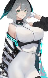 Rule 34 | 1girl, absurdres, arknights, bare shoulders, binware, black wings, breasts, closed mouth, commentary request, dress, feathered wings, fingerless gloves, gloves, green eyes, grey hair, hand up, head wings, highres, ho&#039;olheyak (arknights), jacket, large breasts, looking at viewer, multicolored clothes, multicolored jacket, off shoulder, open clothes, open jacket, short hair, simple background, smile, solo, white background, white dress, white gloves, wings