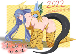 Rule 34 | 1girl, 2022, absurdres, all fours, angel wings, animal costume, animal print, artist name, ass, ass grab, asymmetrical wings, bare shoulders, bent over, bikini, blue hair, blush, breasts, chinese zodiac, detached sleeves, dizzy (guilty gear), fuuma (bangolga1), grabbing own ass, guilty gear, hair ribbon, hair rings, hand on own ass, hanging breasts, highres, large breasts, long hair, looking at viewer, looking back, mature female, mature female, mini wings, monster girl, new year, panties, partially visible vulva, pulling own clothes, red eyes, ribbon, shadow, sideboob, skindentation, smile, solo, swimsuit, tail, thick thighs, thighhighs, thighs, tiger costume, tiger print, tiger stripes, twintails, underwear, wings, year of the tiger, yellow background, yellow ribbon