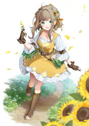 Rule 34 | 1girl, :d, ahoge, basket, belt, blush, book, boots, braid, breasts, brown hair, cleavage, cross-laced clothes, cross-laced footwear, dirt road, dress, falling petals, flower, flower basket, frilled dress, frills, gloves, grass, green eyes, hair flower, hair intakes, hair ornament, hair ribbon, high heel boots, high heels, highres, holding, holding basket, holding flower, layered dress, long sleeves, looking at viewer, medium breasts, open mouth, original, partially fingerless gloves, path, petals, puffy sleeves, ribbon, road, segawa luna, short hair, sidelocks, smile, solo, standing, standing on one leg, sunflower, sunflower hair ornament, twin braids, wavy hair, wrist belt