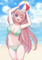 1girl ;d arms_up ball beach beachball bikini blue_eyes blue_sky breasts cleavage collarbone commentary_request cowboy_shot day green_bikini halterneck highres holding holding_ball holding_beachball horizon large_breasts long_hair looking_at_viewer megurine_luka navel ocean one_eye_closed open_mouth pink_hair pipikopipiko sky smile solo standing stomach swimsuit two_side_up vocaloid