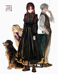 Rule 34 | 1boy, 2girls, absurdres, animal, armchair, black dress, black hairband, blonde hair, boots, chair, cigarette, collared shirt, color guide, cross-laced footwear, dog, dress, earrings, expressionless, formal, frilled hairband, frills, full body, glasses, hair over one eye, hairband, hand in pocket, highres, hoop earrings, isshiki (ffmania7), jewelry, long hair, multiple girls, original, peeking out, profile, purple dress, red eyes, red hair, shirt, signature, silver hair, simple background, sketch, smoking, standing, very long hair, waistcoat, wavy hair, white background, yellow eyes