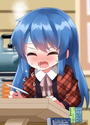 1girl blue_hair blush closed_eyes drawing_tablet highres hinanawi_tenshi long_hair long_sleeves medicine neck_ribbon nose_blush open_mouth pink_ribbon plaid_clothes plaid_sweater red_sweater ribbon ruu_(tksymkw) sick sneezing snot solo stylus sweat sweater teapot touhou