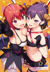 Rule 34 | 2girls, :d, absurdres, aida takanobu, armpits, artist name, asymmetrical docking, black gloves, blurry, breast press, breasts, cheek-to-cheek, choker, cleavage, cowboy shot, demon girl, demon wings, depth of field, dress, elbow gloves, fang, flying sweatdrops, gabriel dropout, gloves, hair between eyes, hair ornament, hairclip, halterneck, heads together, highres, horns, large breasts, midriff, multiple girls, navel, o-ring, o-ring top, one side up, open mouth, pointing, pointing at viewer, purple eyes, purple hair, red hair, satanichia kurumizawa mcdowell, scan, short hair, skin fang, small breasts, smile, sweatdrop, thighhighs, vignette tsukinose april, white legwear, wings