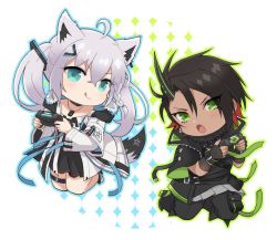 Rule 34 | 1boy, 1girl, ahoge, animal ears, aragami oga, black dress, black gloves, black hair, black jacket, black pants, black shirt, blush, braid, chibi, choker, commentary request, controller, dog tags, dress, earrings, fingerless gloves, fox ears, fox girl, fox tail, fur-trimmed jacket, fur trim, game controller, gloves, green eyes, hair between eyes, hair ornament, hairclip, highres, holding, holding controller, hololive, holostars, horns, jacket, jewelry, long hair, looking at viewer, mioto (tsubsq m), open clothes, open jacket, open mouth, pants, pentagram, shirakami fubuki, shirakami fubuki (fubukitek), shirt, short hair, sidelocks, simple background, single braid, single horn, smile, tail, thigh strap, tongue, tongue out, twintails, virtual youtuber, white background, white hair, white jacket