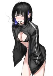 Rule 34 | 1girl, aegyo sal, bent over, black bra, black eyes, black hair, black jacket, blush, bottomless, bra, breasts, cigarette, cleavage, colored inner hair, cowboy shot, earrings, egomeshi, hands in pockets, highres, jacket, jewelry, looking at viewer, mouth hold, multicolored hair, original, partially unzipped, purple hair, short hair, simple background, smoke, smoking, solo, track jacket, underwear, white background