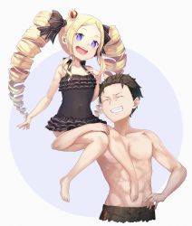 Rule 34 | 1boy, 1girl, :d, absurdres, age difference, barefoot, beatrice (re:zero), black hair, black one-piece swimsuit, blonde hair, blue eyes, butterfly-shaped pupils, carrying over shoulder, commission, drill hair, grin, hair ornament, hair ribbon, happy, highres, long hair, m.tokotsu, natsuki subaru, one-piece swimsuit, open mouth, pixiv commission, re:zero kara hajimeru isekai seikatsu, ribbon, sidelocks, simple background, sitting on shoulder, smile, swimsuit, symbol-shaped pupils, teenage boy and younger girl, teeth, topless male, twin drills