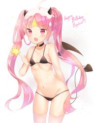 Rule 34 | 1girl, ahoge, bikini, black bikini, black wings, blush, borrowed character, breasts, byulzzi, choker, demon horns, demon tail, fang, happy birthday, hitsukuya, horns, long hair, open mouth, original, pink hair, pointy ears, small breasts, solo, swimsuit, tail, thighhighs, twintails, very long hair, wand, white thighhighs, wings