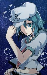 Rule 34 | 1girl, anchor, ashiroku (miracle hinacle), blouse, bubble, gradient background, green eyes, green hair, hand on own hip, hat, hat over one eye, highres, matching hair/eyes, murasa minamitsu, one-hour drawing challenge, sailor, sailor hat, shirt, short hair, solo, touhou, white hat, white shirt