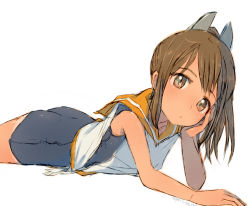 Rule 34 | 1girl, alchera, black one-piece swimsuit, blouse, blue one-piece swimsuit, brown eyes, brown hair, cowboy shot, hair ornament, hairclip, head rest, i-401 (kancolle), kantai collection, lying, on stomach, one-piece swimsuit, one-piece tan, orange sailor collar, ponytail, sailor collar, school swimsuit, shirt, short hair, short ponytail, simple background, sleeveless, sleeveless shirt, solo, swimsuit, swimsuit under clothes, tan, tanline, white background, white shirt