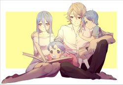 Rule 34 | 2boys, 2girls, airrabbityan, azura (fire emblem), baby, barefoot, blonde hair, blue eyes, blue hair, blush, child, contemporary, corrin (fire emblem), corrin (male) (fire emblem), corrin (male) (fire emblem), dress shirt, family, father and daughter, father and son, fire emblem, fire emblem fates, hair bun, hetero, husband and wife, intelligent systems, kana (female) (fire emblem), kana (fire emblem), kneehighs, mother and daughter, mother and son, multiple boys, multiple girls, nintendo, pacifier, pointy ears, reading, red eyes, shigure (fire emblem), shirt, single hair bun, sitting, socks, yellow eyes