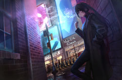 Rule 34 | 1girl, absurdres, black hair, burn scar, character request, cigarette, coat, commentary, copyright request, dutch angle, hand in pocket, hashimoto kokai, highres, holding, holding cigarette, long hair, night, outdoors, scar, smoke, smoking, trench coat, turtleneck, virtual youtuber