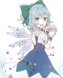 Rule 34 | 1girl, alternate hairstyle, blue dress, blue eyes, blue hair, bow, cirno, commentary request, cowboy shot, detached wings, dress, flower, green bow, hair bow, highres, holding, ice, ice wings, looking at viewer, medium hair, melting, mozukuzu (manukedori), open mouth, ponytail, rose, short sleeves, solo, touhou, wings, wrist cuffs