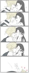 Rule 34 | 1boy, 1girl, bare shoulders, black hair, blonde hair, blue eyes, blush, cactus cactus18, cloud strife, couple, earrings, eye contact, face-to-face, final fantasy, final fantasy vii, final fantasy vii remake, hand on another&#039;s head, heart, highres, jewelry, kiss, long hair, looking at another, open hand, open mouth, red eyes, sleeveless, sleeveless turtleneck, spiked hair, square enix, sweater, tifa lockhart, turtleneck, turtleneck sweater, upper body, white background
