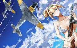 Rule 34 | 1girl, absurdres, aircraft, aircraft request, bikini, blue hairband, blue sky, breasts, cleavage, cloud, commentary, day, drum magazine, dutch angle, frilled bikini, frills, girls&#039; frontline, gun, hair between eyes, hair bun, hairband, highres, kyoyakyo, light brown hair, magazine (weapon), official alternate costume, one side up, parted lips, side bun, sidelocks, single side bun, sky, submachine gun, suomi (girls&#039; frontline), suomi (midsummer pixie) (girls&#039; frontline), suomi kp/-31, swimsuit, weapon, white bikini
