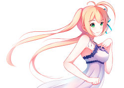 Rule 34 | 1girl, antenna hair, armpits, blonde hair, breasts, clenched hand, closed mouth, dress, euforia, floating hair, flower, green eyes, hair ribbon, hand on own chest, long hair, original, ribbon, simple background, sleeveless, sleeveless dress, smile, solo, twintails, upper body, very long hair, white background, white dress