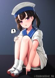 Rule 34 | !, 1girl, black hair, blush, dress, hair between eyes, hat, highres, kantai collection, looking at viewer, parted lips, purple eyes, rudder footwear, sailor dress, sailor hat, short hair, short sleeves, shounan (kancolle), socks, solo, spoken exclamation mark, twintails, twitter username, unidentified nk, white dress, white hat, white socks