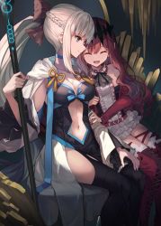 Rule 34 | 2girls, arm hug, baobhan sith (fate), baobhan sith (first ascension) (fate), blue eyes, boots, breasts, cleavage, closed eyes, dress, drill hair, fangs, fate/grand order, fate (series), highres, hopepe, long hair, morgan le fay (fate), mother and daughter, multiple girls, navel, pink hair, ponytail, silver hair, sitting, smile, thigh boots, thighhighs